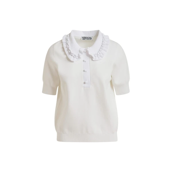 Essentiel Antwerp White ruffle fine-knit polo top with bead embellishments - Essentiel Antwerp Tops - Colorful Belgian Design - Shop at Coveti