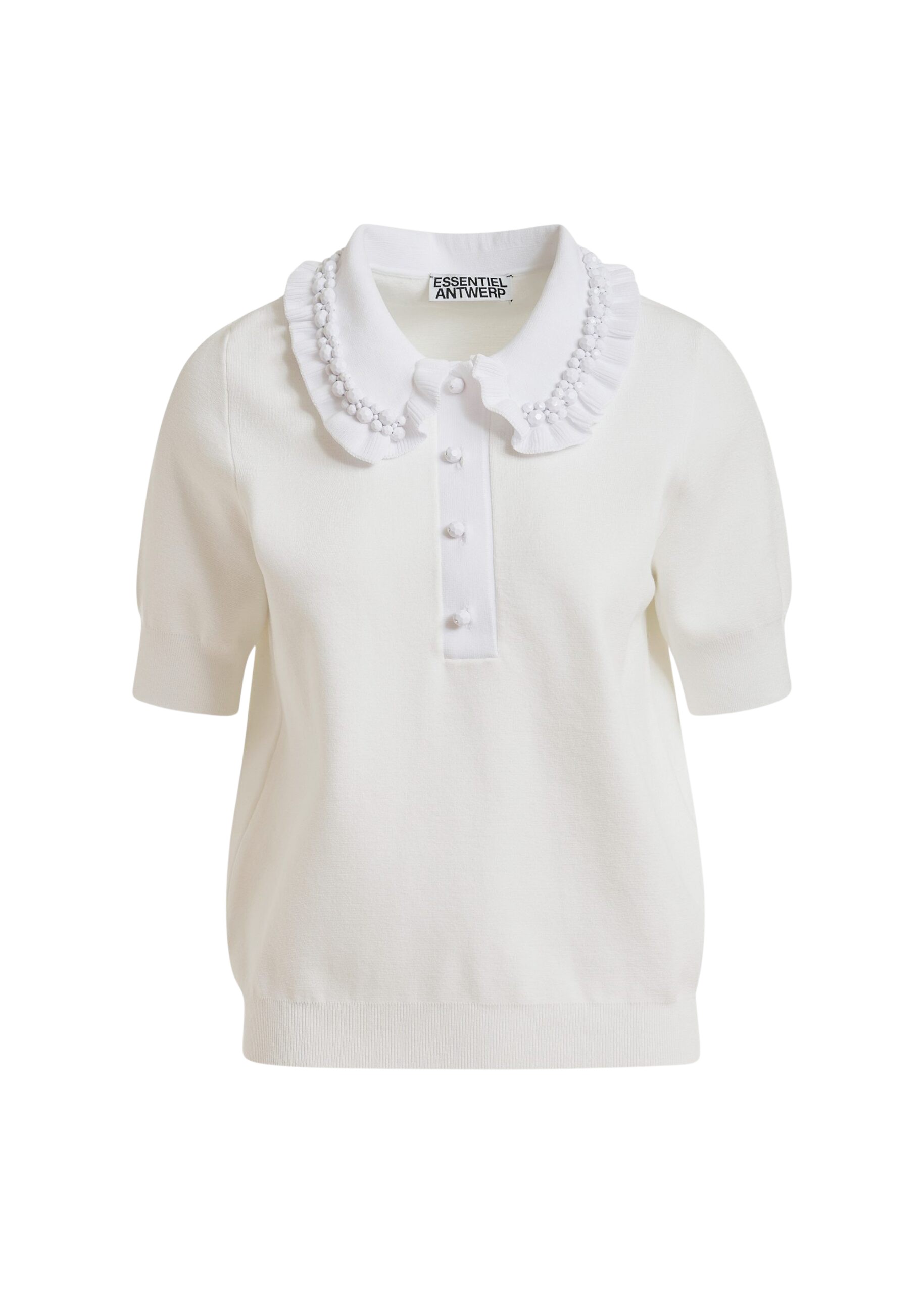 Essentiel Antwerp White ruffle fine-knit polo top with bead embellishments - Essentiel Antwerp Tops - Colorful Belgian Design - Shop at Coveti
