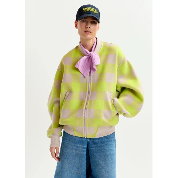 Essentiel Antwerp Yellow and beige checked wool bomber jacket, view 2