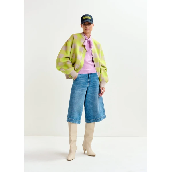 Essentiel Antwerp Yellow and beige checked wool bomber jacket, view 3