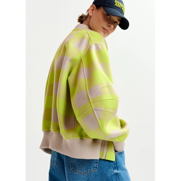 Essentiel Antwerp Yellow and beige checked wool bomber jacket, view 5