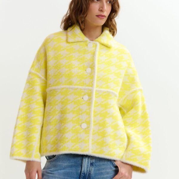 Essentiel Antwerp Yellow and off-white houndstooth knit cardigan - Essentiel Antwerp Knitwear - Colorful Belgian Design - Shop at Coveti