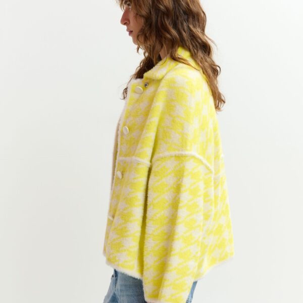 Essentiel Antwerp Yellow and off-white houndstooth knit cardigan - Essentiel Antwerp Knitwear - Colorful Belgian Design - Shop at Coveti