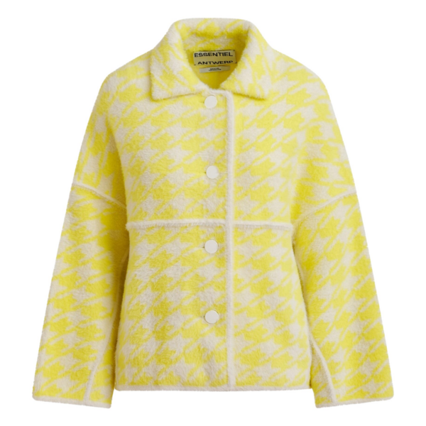 Essentiel Antwerp Yellow and off-white houndstooth knit cardigan - Essentiel Antwerp Knitwear - Colorful Belgian Design - Shop at Coveti