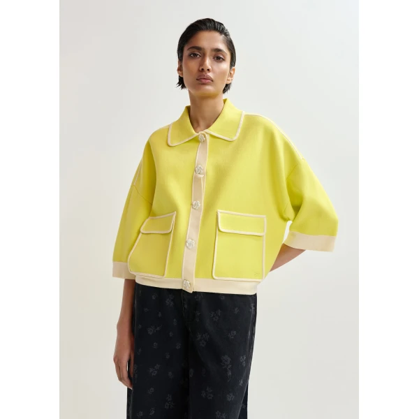 Essentiel Antwerp Yellow knit cardigan with flower buttons and off-white contrasting trims, view 2