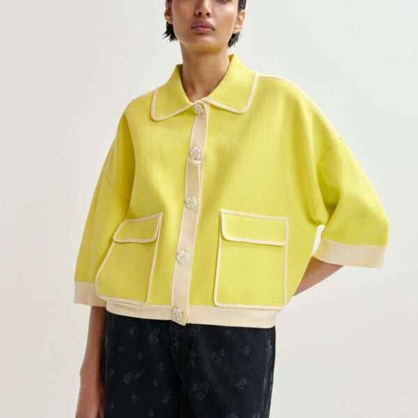 Essentiel Antwerp Yellow knit cardigan with flower buttons and off-white contrasting trims - Essentiel Antwerp Knitwear - Colorful Belgian Design - Shop at Coveti