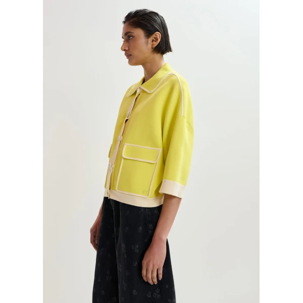 Essentiel Antwerp Yellow knit cardigan with flower buttons and off-white contrasting trims, view 3