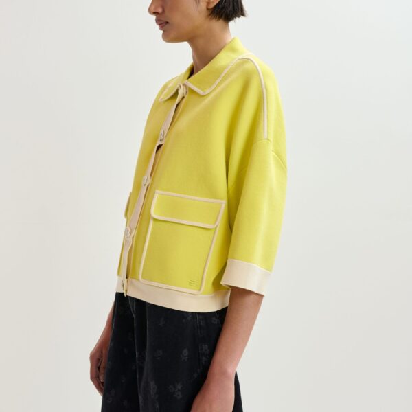Essentiel Antwerp Yellow knit cardigan with flower buttons and off-white contrasting trims - Essentiel Antwerp Knitwear - Colorful Belgian Design - Shop at Coveti
