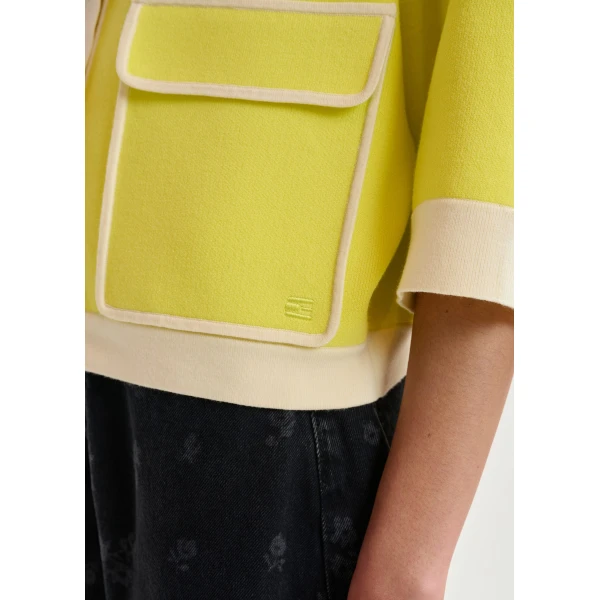 Essentiel Antwerp Yellow knit cardigan with flower buttons and off-white contrasting trims, view 4