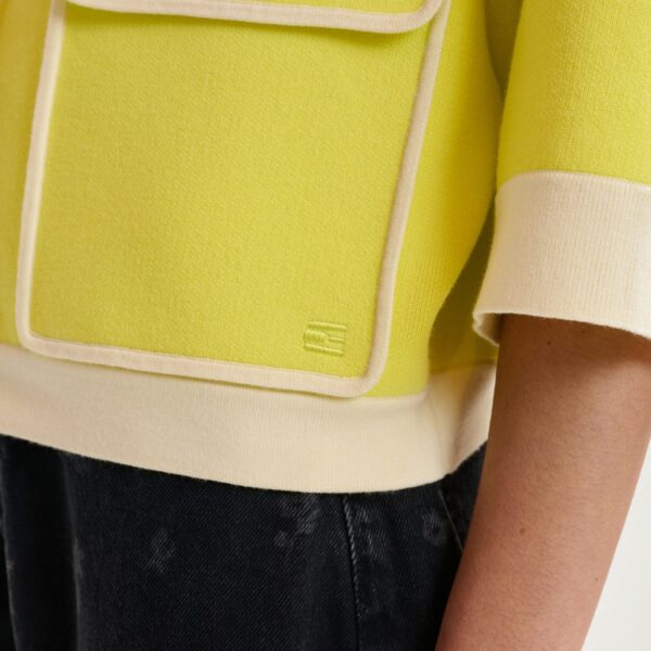 Essentiel Antwerp Yellow knit cardigan with flower buttons and off-white contrasting trims - Essentiel Antwerp Knitwear - Colorful Belgian Design - Shop at Coveti