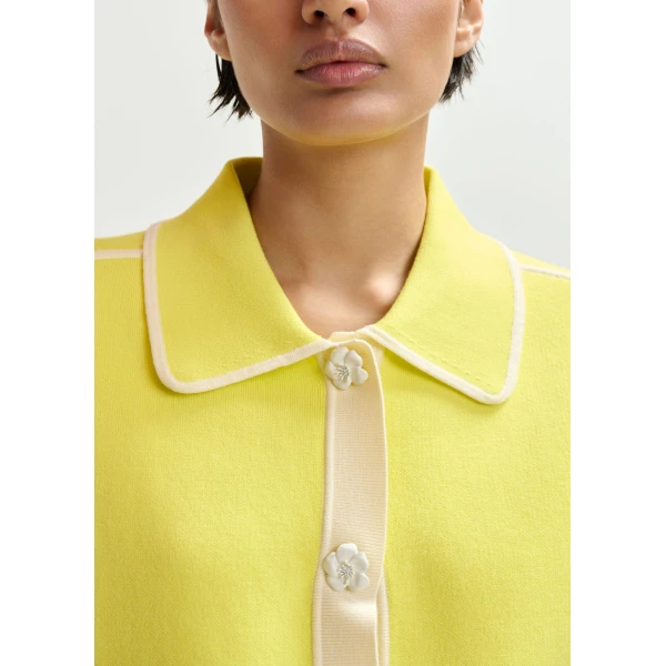 Essentiel Antwerp Yellow knit cardigan with flower buttons and off-white contrasting trims, view 5