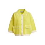 Essentiel Antwerp Yellow knit cardigan with flower buttons and off-white contrasting trims - Essentiel Antwerp Knitwear - Colorful Belgian Design - Shop at Coveti