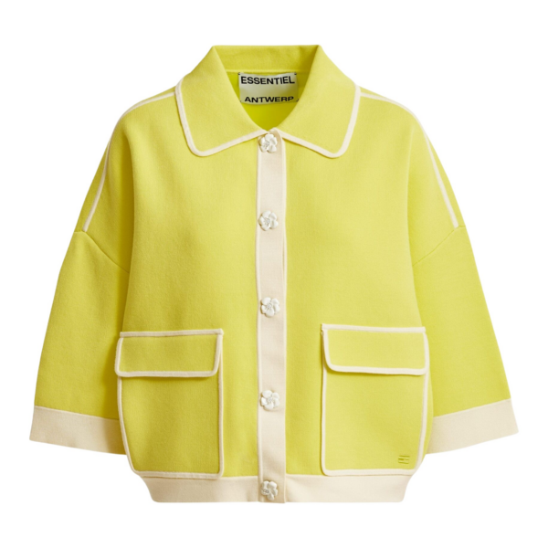 Essentiel Antwerp Yellow knit cardigan with flower buttons and off-white contrasting trims - Essentiel Antwerp Knitwear - Colorful Belgian Design - Shop at Coveti