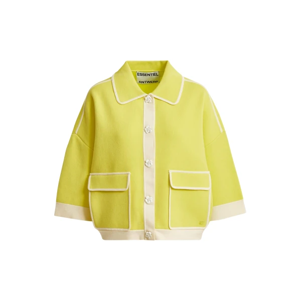 Essentiel Antwerp Yellow knit cardigan with flower buttons and off-white contrasting trims - Essentiel Antwerp Knitwear - Colorful Belgian Design - Shop at Coveti
