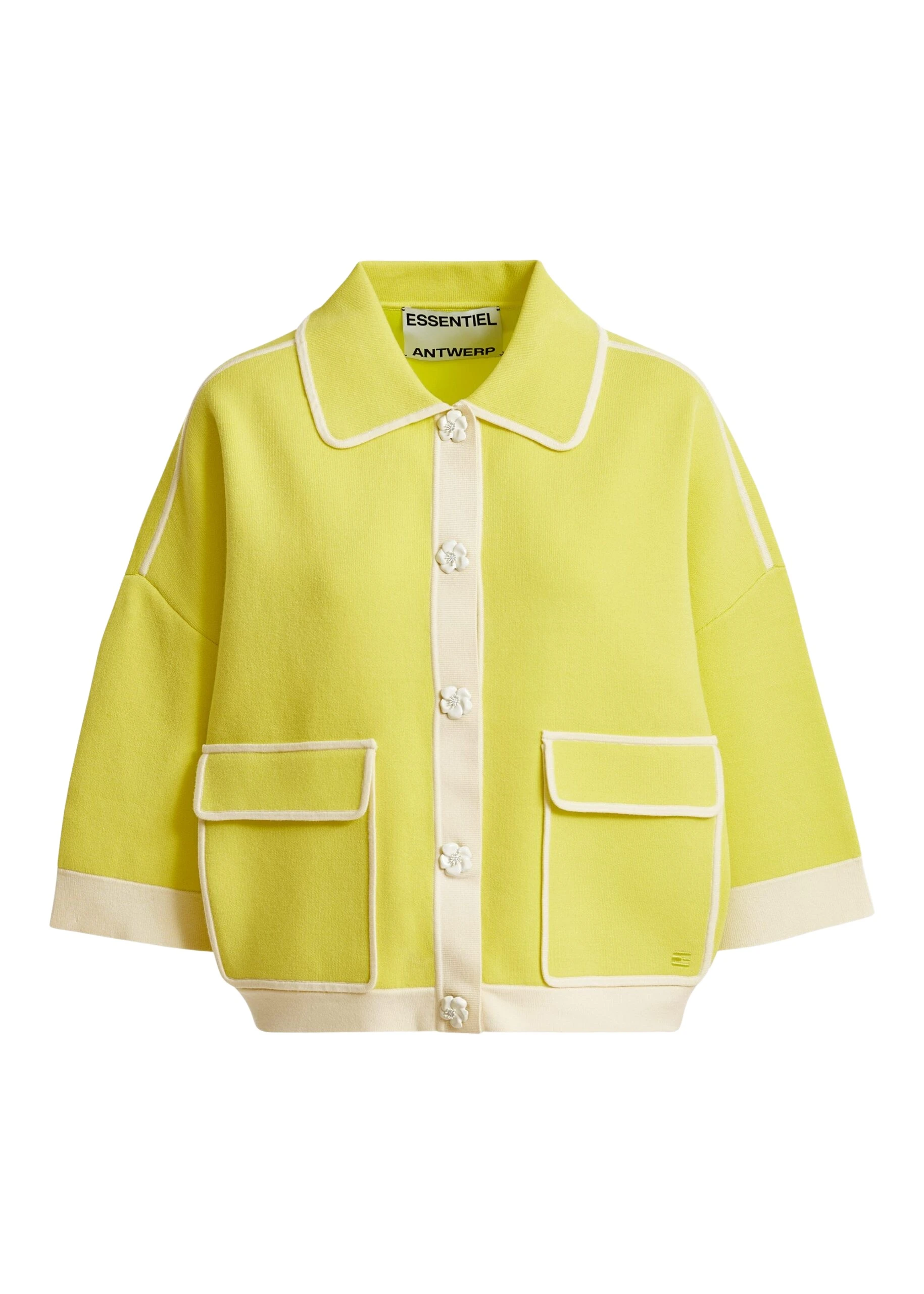 Yellow-knit-cardigan-with-flower-buttons-and-off-white-contrasting-trims-Essentiel-Antwerp-Knitwear-scaled60244_nobg Essentiel Antwerp Yellow knit cardigan with flower buttons and off-white contrasting trims - Essentiel Antwerp Knitwear - Colorful Belgian Design - Shop at Coveti