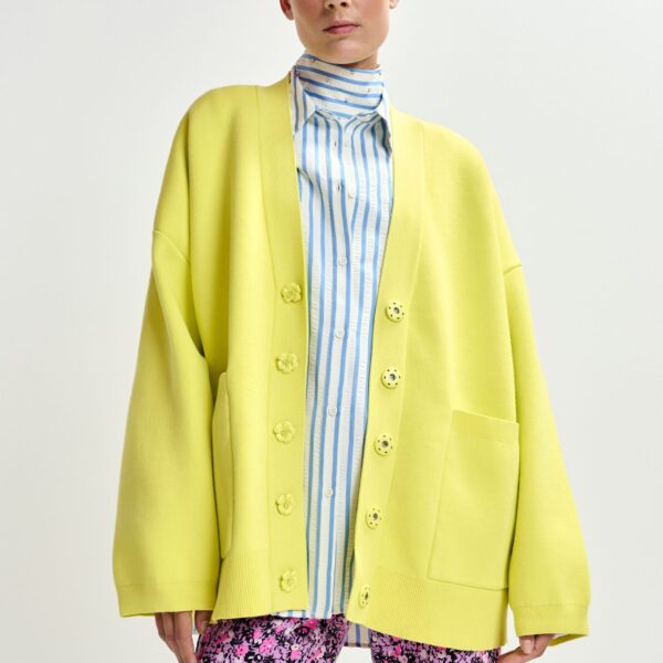 Essentiel Antwerp Yellow knit cardigan with tonal flower buttons - Essentiel Antwerp Knitwear - Colorful Belgian Design - Shop at Coveti
