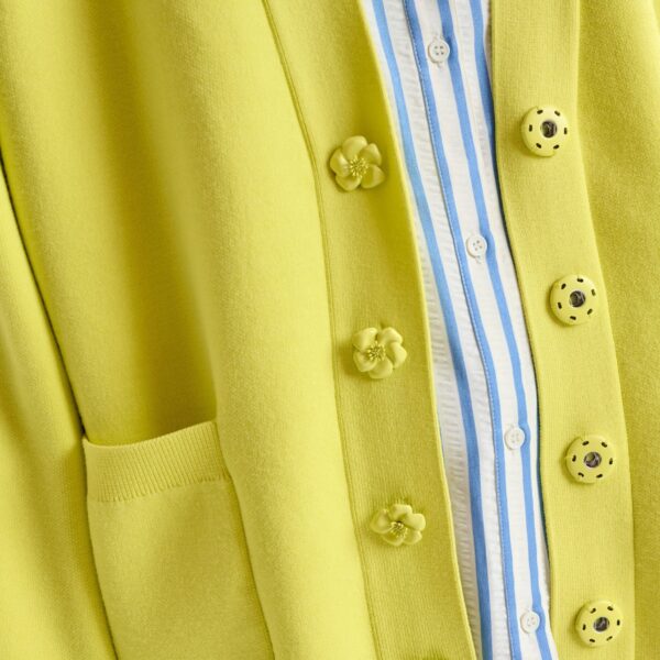 Essentiel Antwerp Yellow knit cardigan with tonal flower buttons - Essentiel Antwerp Knitwear - Colorful Belgian Design - Shop at Coveti