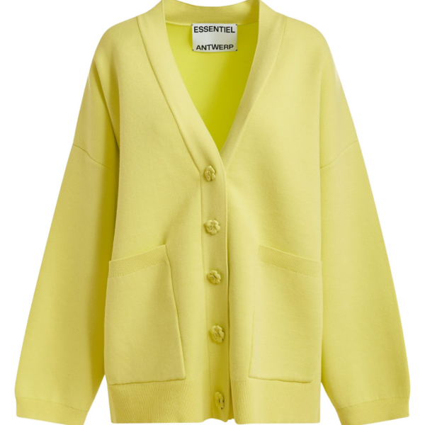 Essentiel Antwerp Yellow knit cardigan with tonal flower buttons - Essentiel Antwerp Knitwear - Colorful Belgian Design - Shop at Coveti