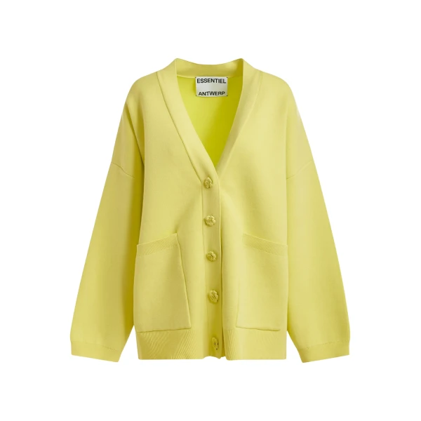 Essentiel Antwerp Yellow knit cardigan with tonal flower buttons - Essentiel Antwerp Knitwear - Colorful Belgian Design - Shop at Coveti