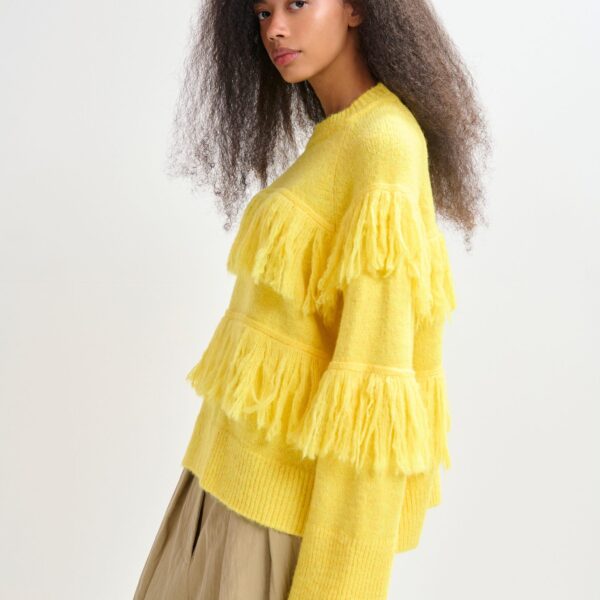 Essentiel Antwerp Yellow sweater with fringe details - Essentiel Antwerp Knitwear - Colorful Belgian Design - Shop at Coveti