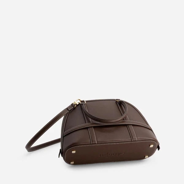 Mlouye Mini Flex Bag - Patent Bordeaux Bag a Architectural Leather Handbag in Red at Coveti Luxury