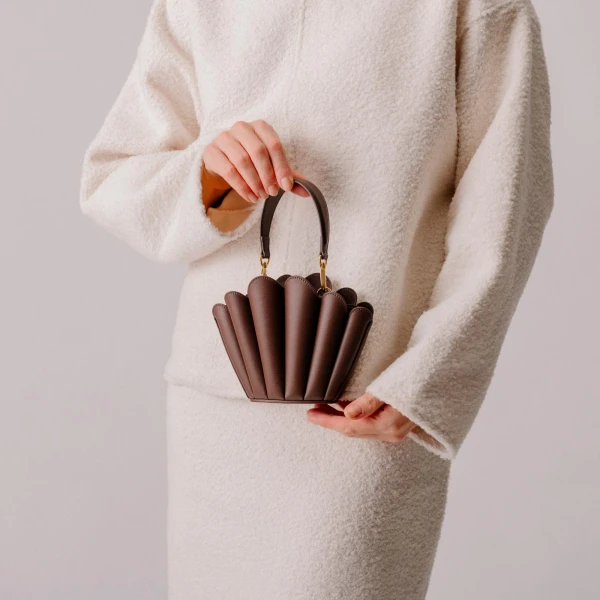 Mlouye Micro Seashell - Latte Bag a Architectural Leather Handbag in Brown at Coveti Luxury