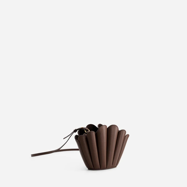 Mlouye Micro Seashell - Espresso Bag a Architectural Leather Handbag in Brown at Coveti Luxury