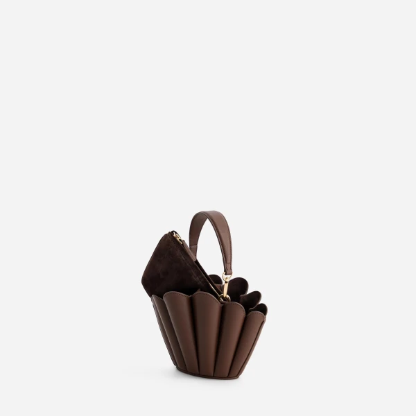 Mlouye Micro Seashell - Espresso Bag a Architectural Leather Handbag in Brown at Coveti Luxury