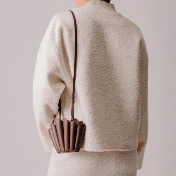 Mlouye Micro Seashell - Latte Bag a Architectural Leather Handbag in Brown at Coveti Luxury