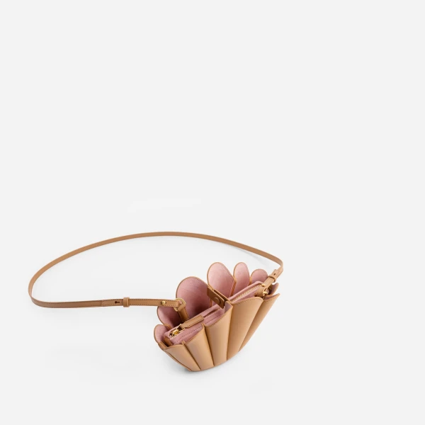 Mlouye Micro Seashell - Latte Bag a Architectural Leather Handbag in Brown at Coveti Luxury