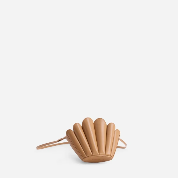 Mlouye Micro Seashell - Latte Bag a Architectural Leather Handbag in Brown at Coveti Luxury