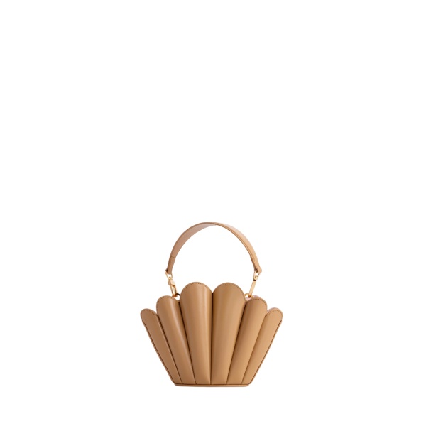 Mlouye Micro Seashell - Latte Bag a Architectural Leather Handbag in Brown at Coveti Luxury