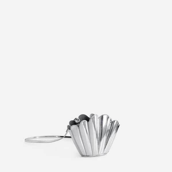Mlouye Micro Seashell - Mirror Bag a Architectural Leather Handbag in Silver at Coveti Luxury