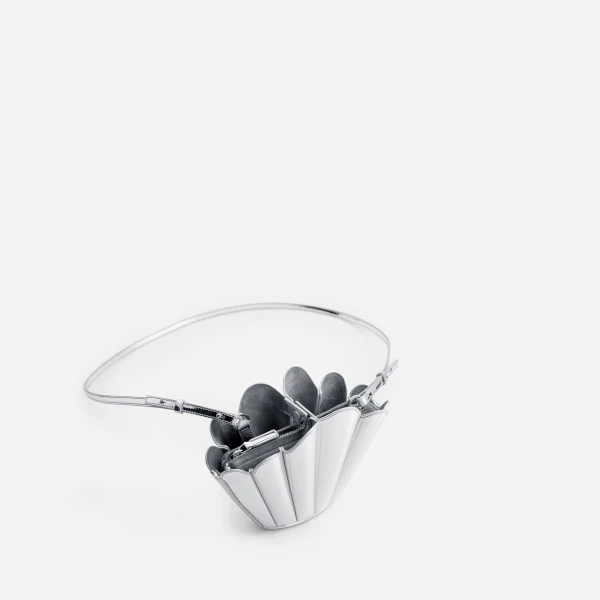 Mlouye Micro Seashell - Mirror Bag a Architectural Leather Handbag in Silver at Coveti Luxury