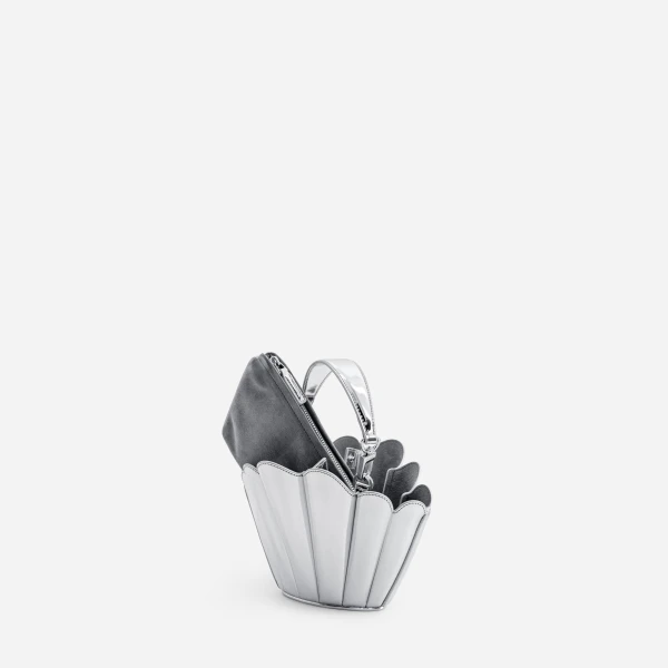 Mlouye Micro Seashell - Mirror Bag a Architectural Leather Handbag in Silver at Coveti Luxury