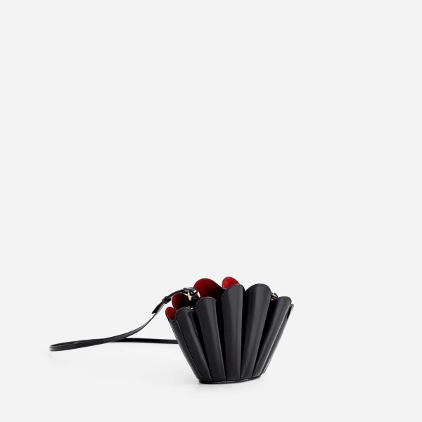 Mlouye Micro Seashell - Patent Black Bag a Architectural Leather Handbag in Black at Coveti Luxury