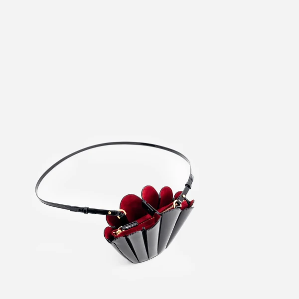 Mlouye Micro Seashell - Patent Black Bag a Architectural Leather Handbag in Black at Coveti Luxury