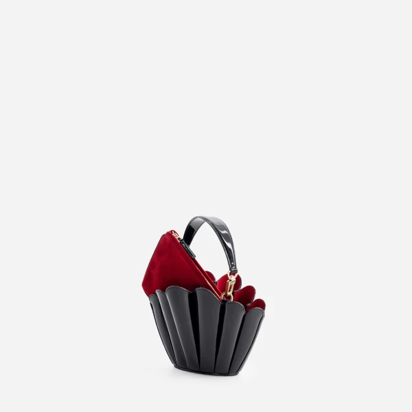 Mlouye Micro Seashell - Patent Black Bag a Architectural Leather Handbag in Black at Coveti Luxury