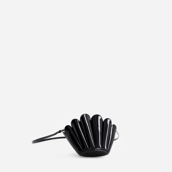 Mlouye Micro Seashell - Patent Black Bag a Architectural Leather Handbag in Black at Coveti Luxury
