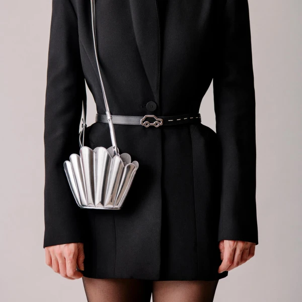 Mlouye Micro Seashell - Mirror Bag a Architectural Leather Handbag in Silver at Coveti Luxury