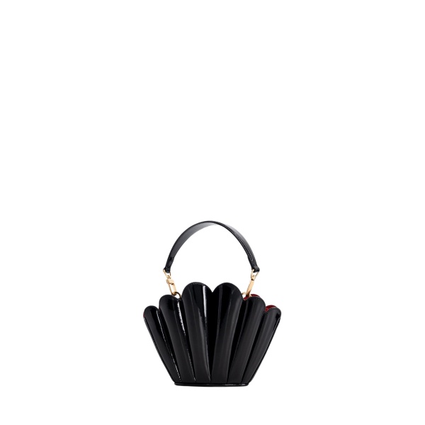 Mlouye Micro Seashell - Patent Black Bag a Architectural Leather Handbag in Black at Coveti Luxury