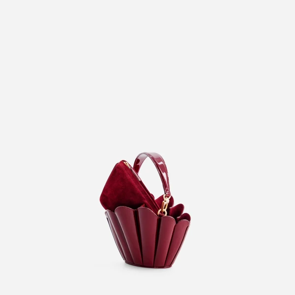 Mlouye Micro Seashell - Patent Bordeaux Bag a Architectural Leather Handbag in Red at Coveti Luxury