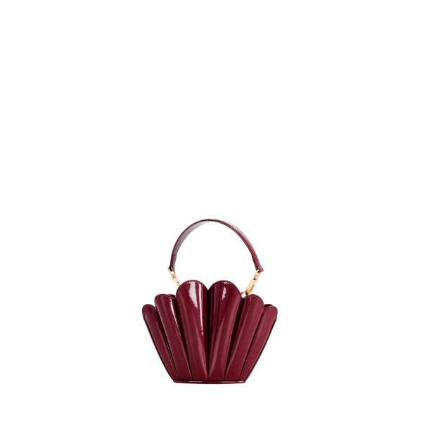 Mlouye Micro Seashell - Patent Bordeaux Bag a Architectural Leather Handbag in Red at Coveti Luxury