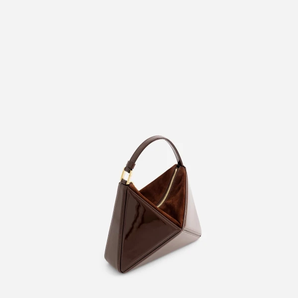 Mlouye Mini Flex Bag - Patent Brown Bag a Architectural Leather Handbag in Brown at Coveti Luxury
