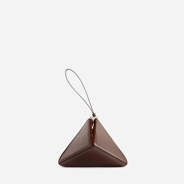 Mlouye Mini Flex Bag - Patent Brown Bag a Architectural Leather Handbag in Brown at Coveti Luxury