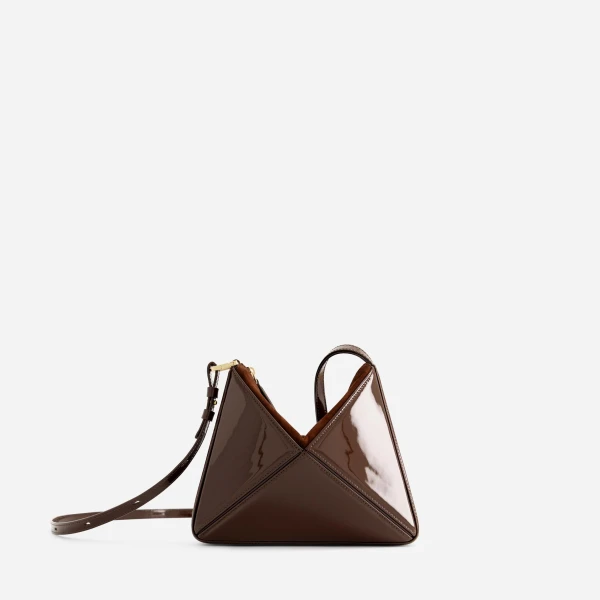 Mlouye Mini Flex Bag - Patent Brown Bag a Architectural Leather Handbag in Brown at Coveti Luxury