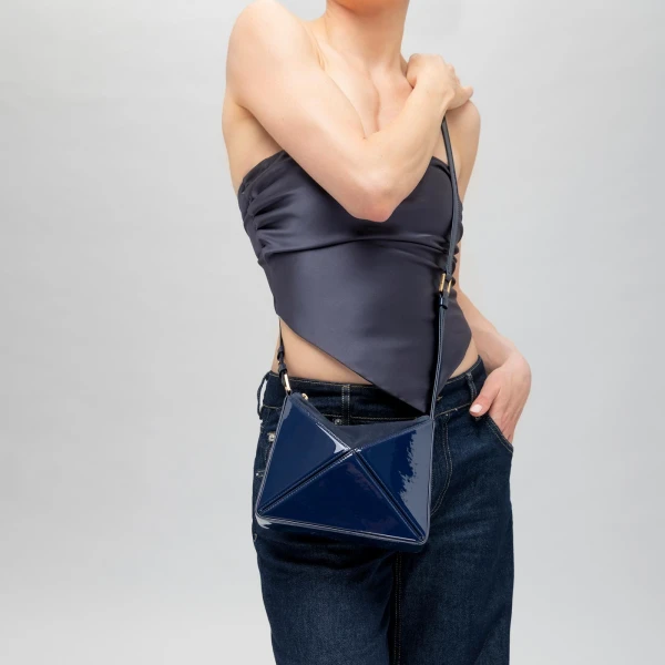 Mlouye Mini Flex Bag - Patent Black Bag a Architectural Leather Handbag in Black at Coveti Luxury