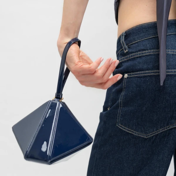 Mlouye Mini Flex Bag - Patent Black Bag a Architectural Leather Handbag in Black at Coveti Luxury