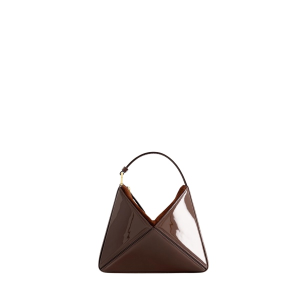 Mlouye Mini Flex Bag - Patent Brown Bag a Architectural Leather Handbag in Brown at Coveti Luxury