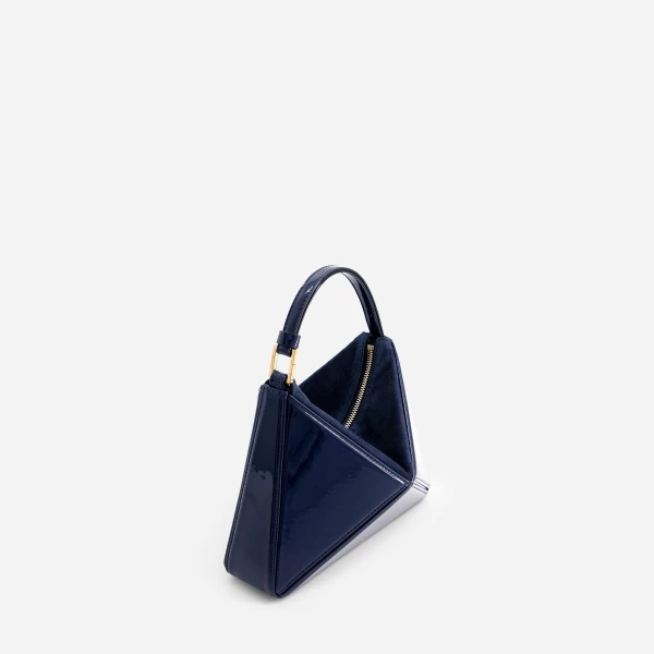 Mlouye Mini Flex Bag - Patent Navy Bag a Architectural Leather Handbag in Blue at Coveti Luxury